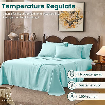 100% Linen Sheets California King Size,Breathable & Durable 4-Piece Bed Flax Sheet Set,Soft All-Season Bedding for Hot Sleepers 16" Deep Pocket Oeko-TEX Certified,（Cal King, Light Blue）