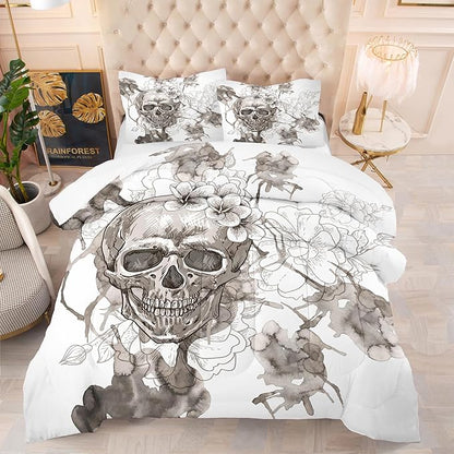 Tailor Shop Skull Comforter Set Full Size, Gothic Fog Smoke Skull Skeleton Comforter Sets,Halloween Bedding Set, Grey Bedding Comforters for Young Man Boy Teens, with 1 Comforter 2 Pillowcases…