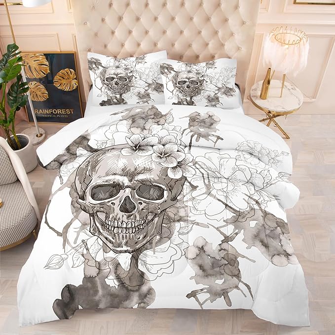 Tailor Shop Skull Comforter Set King Size, Gothic Fog Smoke Skull Skeleton Comforter Sets,Halloween Bedding Set, Grey Bedding Comforters for Young Man Boy Teens, with 1 Comforter 2 Pillowcases…