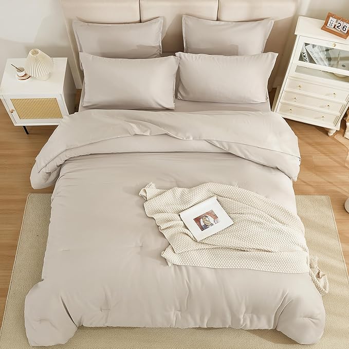 Litanika Comforter California King Size Set Tannish Grey - 7 Pieces Bed in a Bag California King Bedding Comforter Sets, Plain Lightweight Bed Set with Comforter, Sheets, Pillowcases & Shams