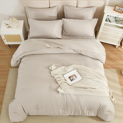 Litanika Comforter California King Size Set Tannish Grey - 7 Pieces Bed in a Bag California King Bedding Comforter Sets, Plain Lightweight Bed Set with Comforter, Sheets, Pillowcases & Shams