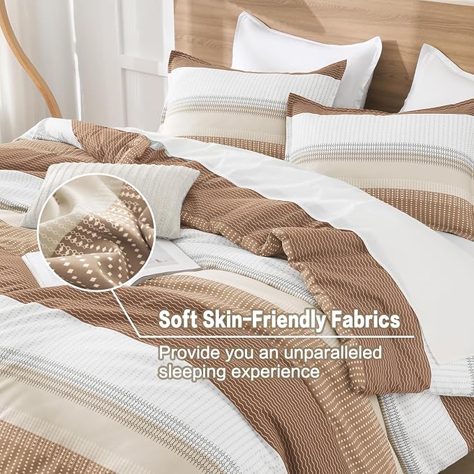 Litanika Beige King Size Comforter Set - 3 Pieces Lightweight Taupe Khaki White Colorblock Stripe Fluffy Bedding Comforter Sets, All Season Bed Set