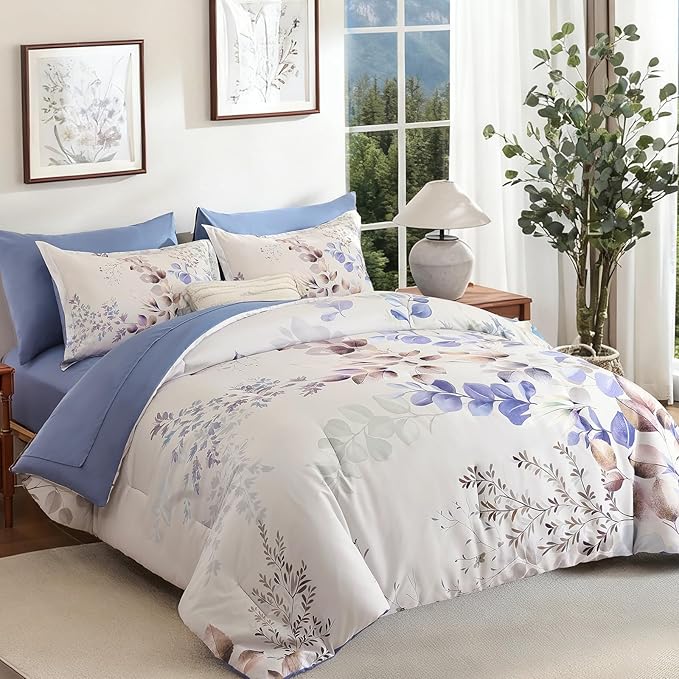 Xruibed Beige Comforter Set Queen Size 7 Pieces Bed in a Bag, Botanical Floral Print Bed Sets, Flower Comforter with Sheet Set, Soft Microfiber Neutral Bedding Set for All Season (Beige, 90"x90")