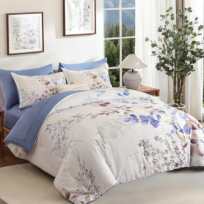 Xruibed Beige Comforter Set Queen Size 7 Pieces Bed in a Bag, Botanical Floral Print Bed Sets, Flower Comforter with Sheet Set, Soft Microfiber Neutral Bedding Set for All Season (Beige, 90"x90")