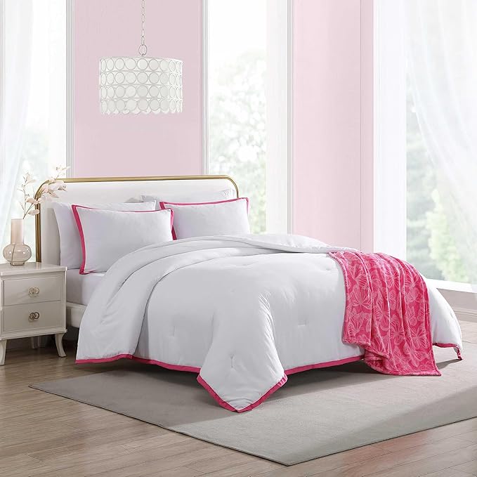 Betsey Johnson - Comforter Set, Soft Bedding with Matching Shams, Bonus Throw Included, Chic Solid Room Decor (Signature Hotel Pink, King)