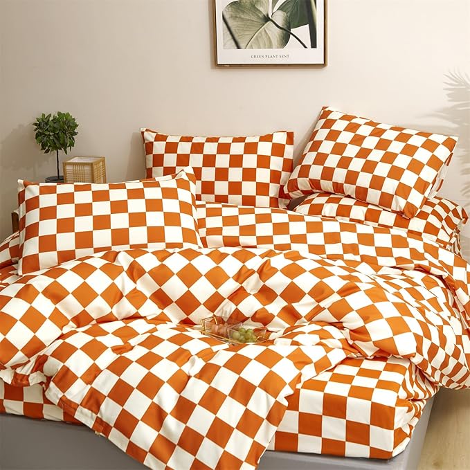 CLOTHKNOW Orange Plaid Twin Comforter Set 3Pcs Grid Bedding Comforter Sets Soft All Season Checker Comforter with 2 x Pillow Cases