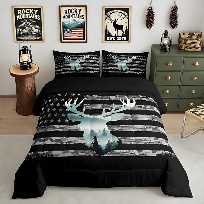 Feelyou Toddler Camo Hunting Bedding Set - Forest Smoky Deer Duvet Set with American Flag & 1 Pillow Case
