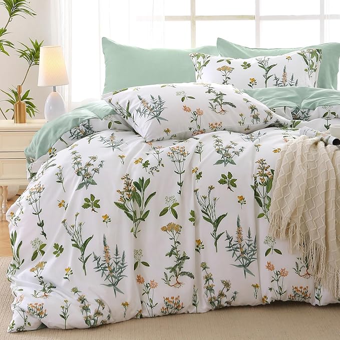 MUXHOMO Bed in a Bag Queen 7 Pieces, Queen Comforter Set Reversible Green Botanical Flowers Design, Ultra Soft & Breathable Bedding Sets with Comforter, Sheets, Pillowcases & Shams