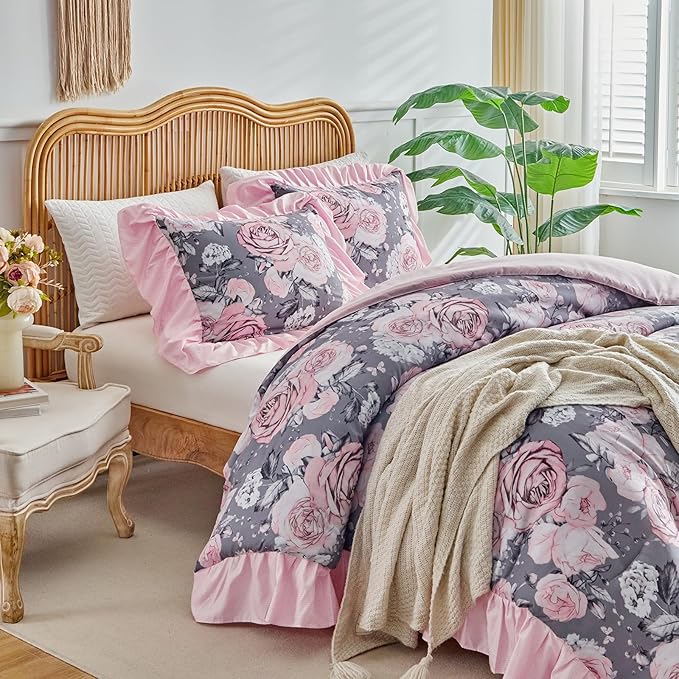 Flower Comforter Set Twin Size 68 * 86in - Gray Pink Floral with Leave Style -3 Pieces Shabby Chic Farmhouse Bedding with Ruffled Fringe Rustic Lightweight Botantical Ruffle Comforter with Shams