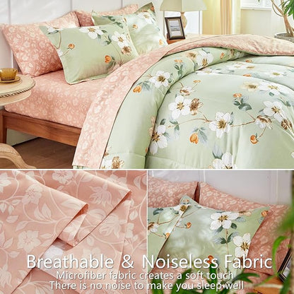 AIKASY 6 Piece Floral Comforter Set Twin Size - Soft Microfiber Bed in a Bag with Sheet Set for All Seasons - Green Flower Botanical Design - Reversible Bedding Set
