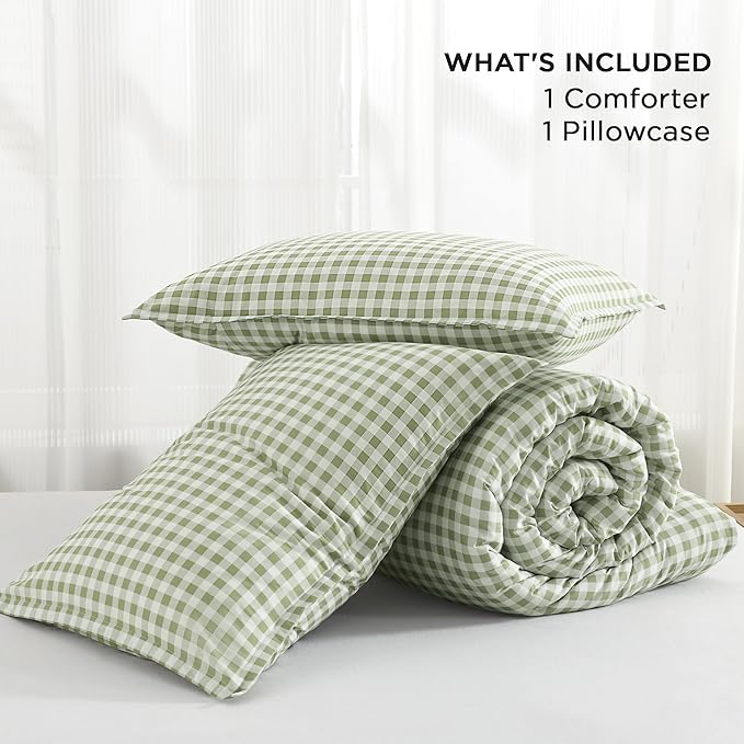 Andency Sage Gingham Comforter Set Twin(66x90Inch), Green Checkered Grid Plaid Buffalo Bed Set for Girls Boys Kids Teens, 2 Pieces Lightweight Microfiber Geometric Preppy Bedding