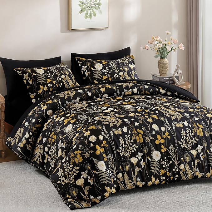 Yiran Queen Comforter Set, 7 Pieces Black Floral Soft Bedding Sets, Queen Bed in a Bag with Brown Botanical Flowers Winter Comforter, Sheets, Pillowcases & Shams