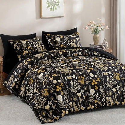 Yiran Queen Comforter Set, 7 Pieces Black Floral Soft Bedding Sets, Queen Bed in a Bag with Brown Botanical Flowers Winter Comforter, Sheets, Pillowcases & Shams
