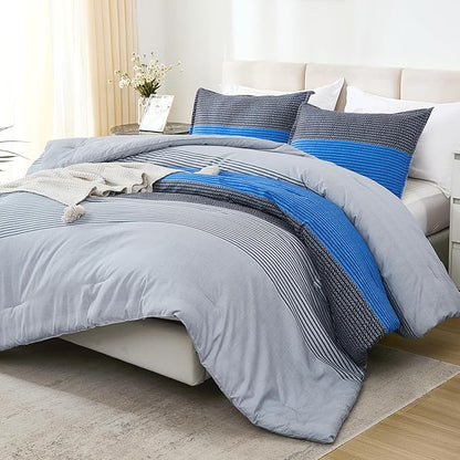Litanika Blue Grey Comforter Set Twin XL - 2 Pieces Lightweight Pumpkin White Colorblock Stripe Fluffy Bedding Comforter Sets, All Season Bed Set