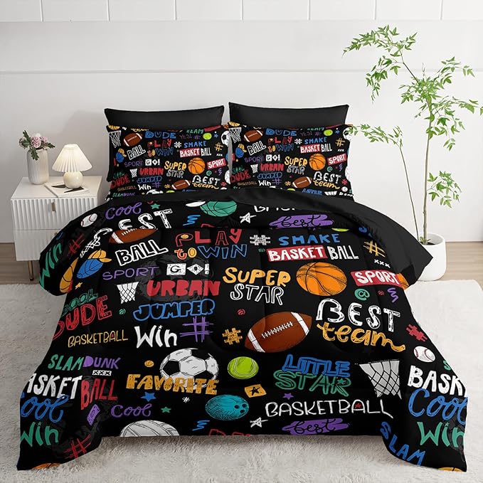 Sports Ball King Comforter Set,Football Rugby Basketball Bedding Set for Kids Boys Girls Youth Ball Sports Themed Bedroom Decor Bedding Set 7 Pcs Bed in A Bag