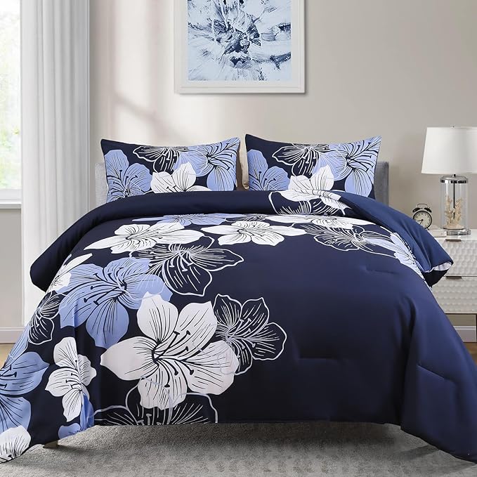 Menghomeus Full Comforter Set Navy Blue Floral Bedding Comforter Sets - Soft Microfiber Bed Comforter Set for All Season 3 Piece Botanical Flowers Comforter, Pillowcases