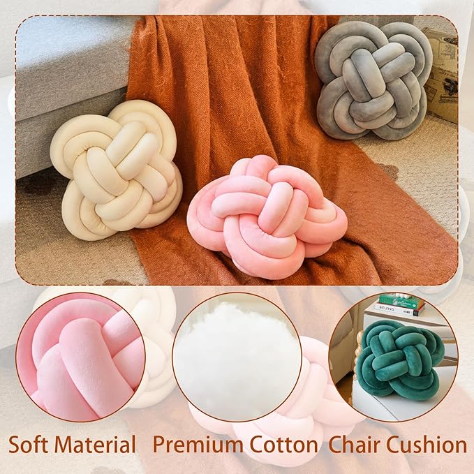 Xuyier Knot Pillow Ball, Decorative Throw Pillows with Velvet Fabric for Couch Bed, 12" Decor Knotted Square Floor Pillow Cushions for Living Room (12 Inches, Brown)