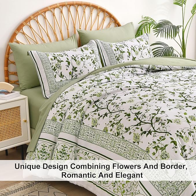 Dobuyly Floral Queen Comforter Set, 7 Piece Bed in a Bag Queen Size Sage Green Flowers on White Botanical Bedding Set, Soft Microfiber Bedding Comforter Sets with Sheets for All Season