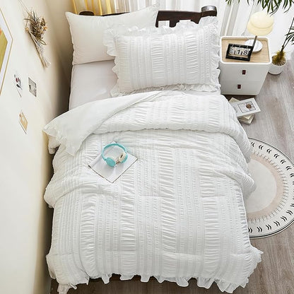 WONGS BEDDING White Comforter Set Twin, 3 Pieces Ruffle Shabby Chic Comforter for Dorm Room Essentials for Twin Bed, Soft Seersucker Bedding Set with 1 Ruffle Comforter, 2 Tufted Pillowcases 86"×68"