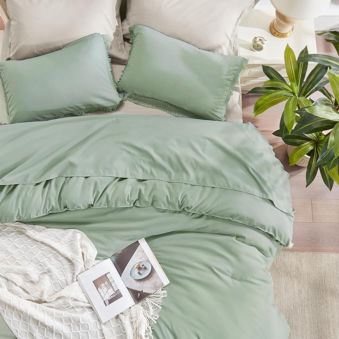 Andency Sage Green Tassel Comforter Set Full(79x90Inch), 3 Pieces(1 Fringe Comforter, 2 Pillowcases) Boho Farmhouse Shabby Chic, Microfiber Lightweight Bedding Set