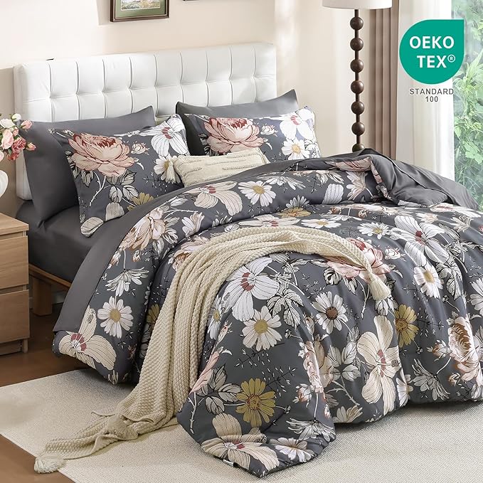 Luxudecor King Comforter Set 7 Pieces Bedding Sets,Gray Floral Comforter and Sheet Set,Soft Microfiber Bed in a Bag for All Seasons (Gray,104"x90")