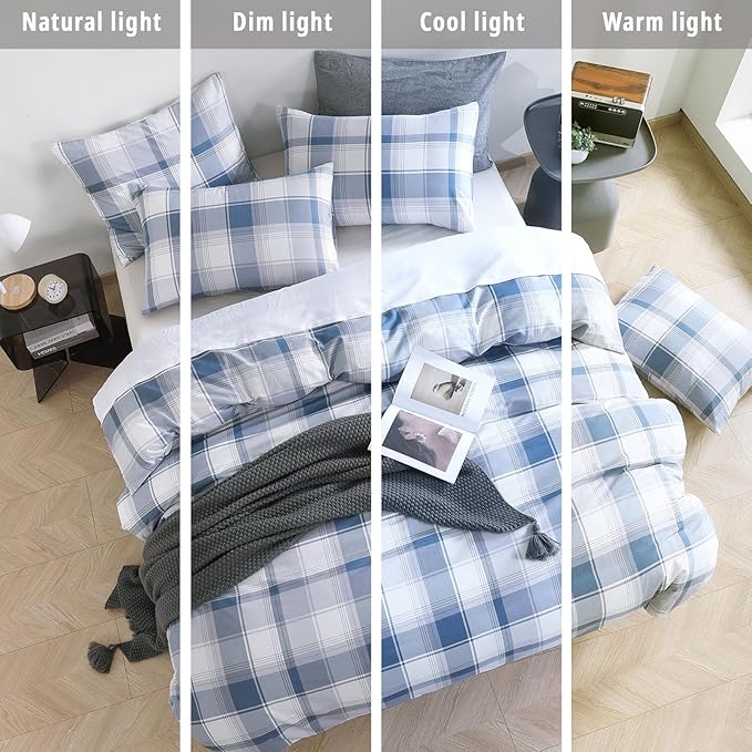 Vintage Cotton Comforter Queen Size 3Pcs - Classic Tartan Plaid Pattern with Denim Blue, Soft Gray and White, Lightweight Bedding Sets with Soft Fill(1 Comfoter 90"×90", 2 Pillowcases)