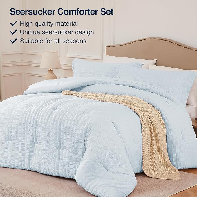 SkyBlue Full Comforter Set - 3 Pieces Seersucker Lightweight Bedding Comforter Sets (1 Soft Fluffy Comforter & 2 Pillowcases) - All Seasons Cozy Modern Bed Sets