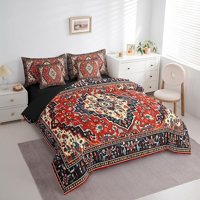 Red Vintage Bedding Comforter Sets 7pcs Art Deco Bed in a Bag, Oriental Twin Bedding Sets Retro Traditional Comforter Set, Boho Aesthetic Bedding Sets & Collections Hippie Paisley Bedroom Decor