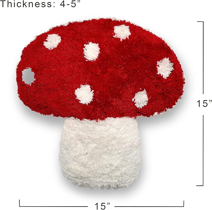 Mushroom Throw Pillow Tufted Shape Decorative Cushion 15” x 15” – Decor for Bed, Couch, Living Room (Red)