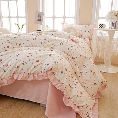 MKXI Strawberry Print Comforter Set - Pink and White Ruffled Bedding with Floral Accents, Soft Microfiber, 3-Piece Full Size, Lightweight and Cozy for Kids, Teens, and Adults