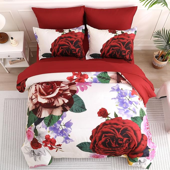 Drucon Red Floral Comforter Queen Size 7 Pieces Valentine's Day Bedding Sets Bed in a Bag, Botanical Floral Comforter with Sheet Set, Soft Microfiber Bedding Set for All Season (Red, 90"x90")