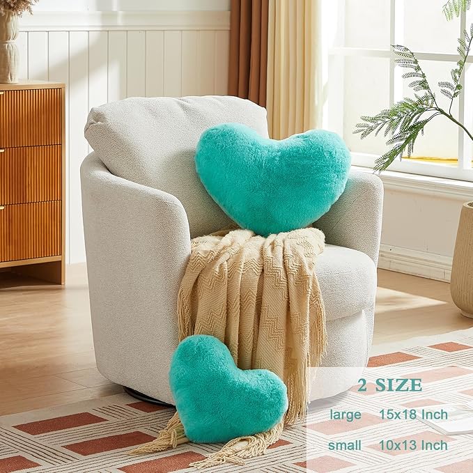 EastTree Heart Pillows, Teal Heart Shaped Pillows, Love Throw Pillows Gifts, Ultra Soft Faux Rabbit Fur Small Cute Pillows, Women Girls Kid Room Decor 10x13 Inch