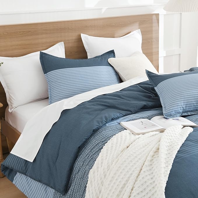 Litanika Comforter Set, Lightweight Colorblock Stripes Bedding Comforter Set, Fluffy Down Alternative Bed Set, Haze Blue, Queen