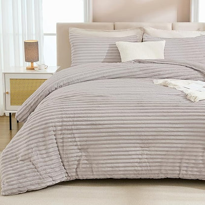 Andency Fleece Queen Comforter Set, 3 Pieces Linen Grey Comforter Set for Queen Size Bed, Soft Warm Fluffy Fuzzy Linen Gray Bedding Set for Winter (1 Comforter & 2 Pillowcases)