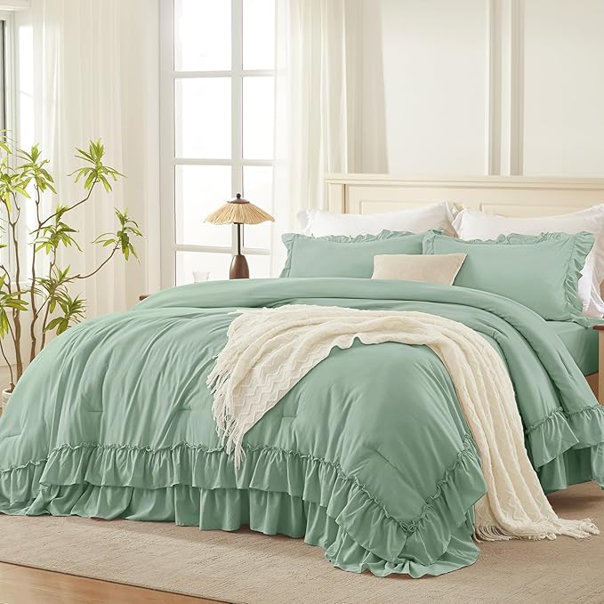 Andency Sage Green California King Comforter Set, 3 Pieces Farmhouse Shabby Chic Bedding Comforter Sets, Lightweight Fluffy Soft Microfiber All Season Bed Set(104x96In Comforter)
