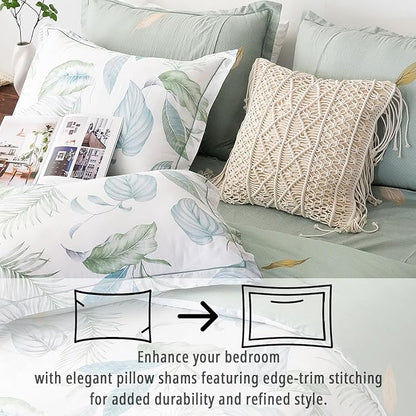 Botanical Cotton Comforter King Size - Sage Green Comforter Printed with Leaves & Ferns on White,Reversible Light-Weight Bedding Sets 3Pcs(Leaves,104"×90")