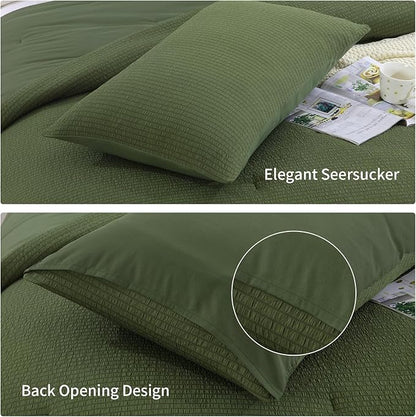 HOMBYS 3 Piece Seersucker Oversized King 120x120, Breathable Olive Green Soft Lightweight Bedding Comforter Sets with Comforter for All Season