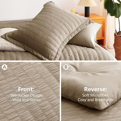 CozyLux Queen Comforter Set Taupe Seersucker 7 Pieces Bed in a Bag Queen Comforter Set with Sheets, Luxury Soft Bedding Set with Down Alternative Comforter, Sheets, Pillowcases & Shams for All Seasons