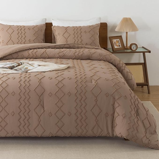 Andency Taupe Tufted Comforter Set Twin(66x90Inch), 2 Pieces(1 Boho Comforter, 1 Pillowcase) Textured Farmhouse, Soft Microfiber Down Alternative Geometric Bedding Set