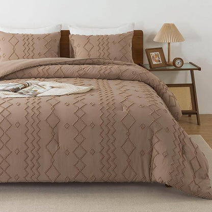 Andency Taupe Tufted Comforter Set Twin(66x90Inch), 2 Pieces(1 Boho Comforter, 1 Pillowcase) Textured Farmhouse, Soft Microfiber Down Alternative Geometric Bedding Set