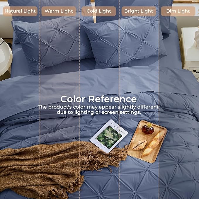 Sasttie King Size Comforter Set, 7-Piece Bed in a Bag, Pintuck Bedding Set for All Season, Includes Comforter, Flat Sheet, Fitted Sheet, Pillowcases and Pillowshams, Indigo Blue