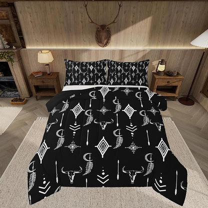 Feelyou Western Bull Skull Bedding Set Toddler Size Ethnic Horns Boho Comforter Black White Tribal Symbol Mysterious Aztec Comforter Set for Man Women