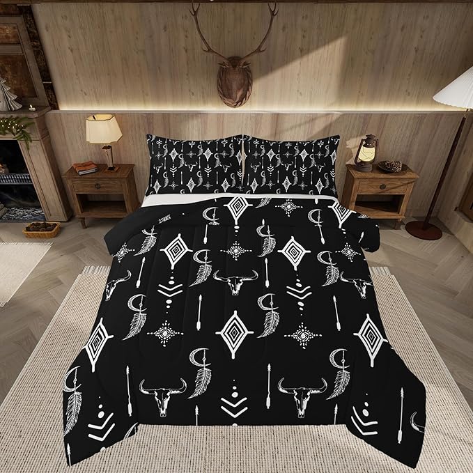 Feelyou Western Bull Skull Bedding Set Twin Size Ethnic Horns Boho Comforter Black White Tribal Symbol Mysterious Aztec Comforter Set for Man Women