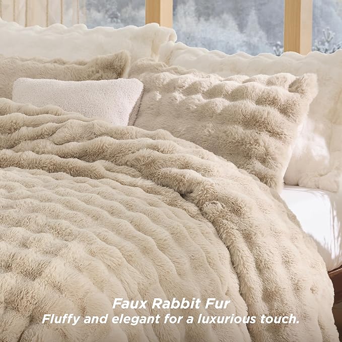 Bedsure Fluffy Comforter Set Queen - Light Beige Faux Fur Queen Comforter, Soft Shaggy Plush Bubble Bedding Comforter Sets, Winter Warm Luxury Fuzzy Bed Set 3 Pieces, 1 Comforter and 2 Pillowcases