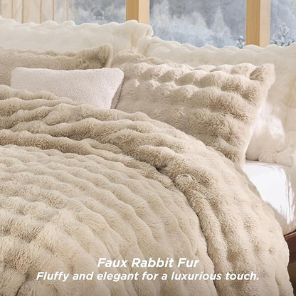 Bedsure Fluffy Comforter Set Queen - Light Beige Faux Fur Queen Comforter, Soft Shaggy Plush Bubble Bedding Comforter Sets, Winter Warm Luxury Fuzzy Bed Set 3 Pieces, 1 Comforter and 2 Pillowcases