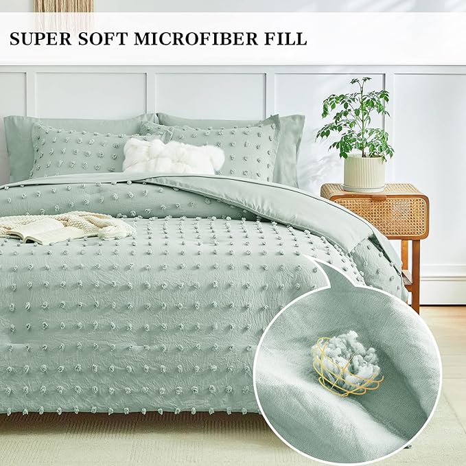 7 Pieces Tufted Dots Bed in a Bag King Comforter Set with Sheets Green , Soft and Embroidery Shabby Chic Boho Comforters, Solid Color with Pom Pom Design, Jacquard Tufts Bedding Set for All Season