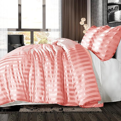 Whale Flotilla 2-Piece Reversible Silky Soft Twin Size Comforter Set, Luxury Stripe Satin Comforter Bedding Set with Satin Pillowcase, Lightweight Duvet for All Seasons, Pink