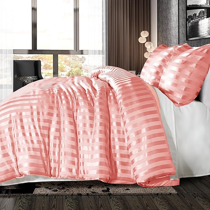 Whale Flotilla 3-Piece Reversible Silky Soft King Size Comforter Set, Luxury Stripe Satin Oversized Comforter Bedding Set with 2 Satin Pillowcases, Lightweight Duvet for All Seasons, Pink