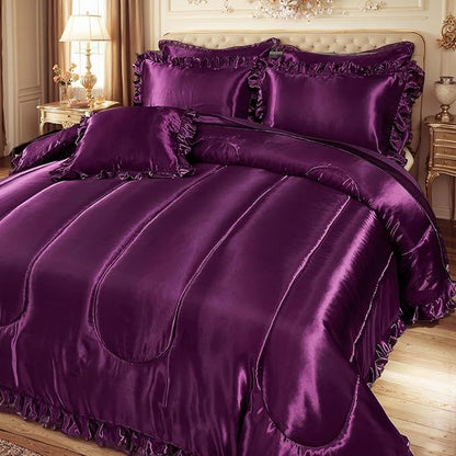 Silk Like Satin Comforter Set with Sheet Set King 8 Pcs Purple Satin Bedding Set Silky Ruffle Pattern Home Deocr Luxury Hotel Silky Bed in a Bag with 1 Cushion Cover