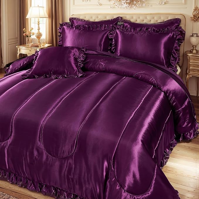 Silk Like Satin Comforter Set with Sheet Set Queen 8 Pcs Purple Satin Bedding Set Silky Ruffle Pattern Home Deocr Luxury Hotel Silky Bed in a Bag with 1 Cushion Cover